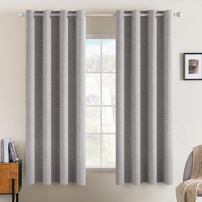 MIULEE Linen Texture Curtains for Bedroom Solid 100% Blackout Thermal Insulated Light Gray Curtains Grommet Room Darkening Drapes for Living Room 52x54 Inch (2 Panels)