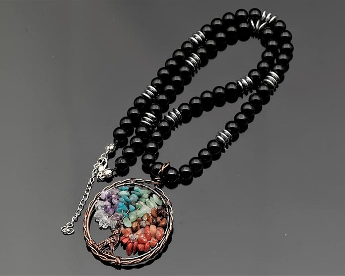 ElisaJewelryArt - Natural Amethyst Big Tree Of Life Pendant Black Onyx Stone Beaded Necklace Genuine Gemstone Feng Shui Stone Clasp Closure Necklace Unisex Necklace