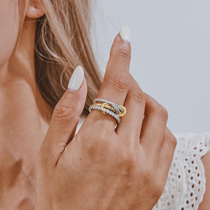 AllenCOCO 14K Gold Plated Stackable Rings, 3 Ring Set with CZ Cubic Zirconia, Gold & Silver Stacked, Interlocking Band for Women Statement