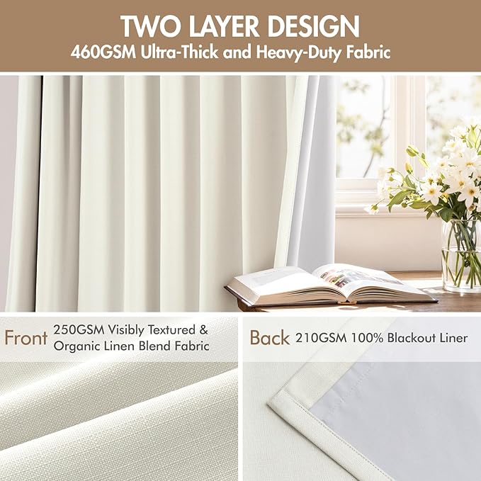 MIULEE Pinch Pleated 100% Blackout Curtains 40"x96" Beige White 4 Panel Set | Thick Linen, Memory Trained Pleat, Back Tab Double Layer Drapes, Thermal Insulated, Curtain for Bedroom Living Room Darkening