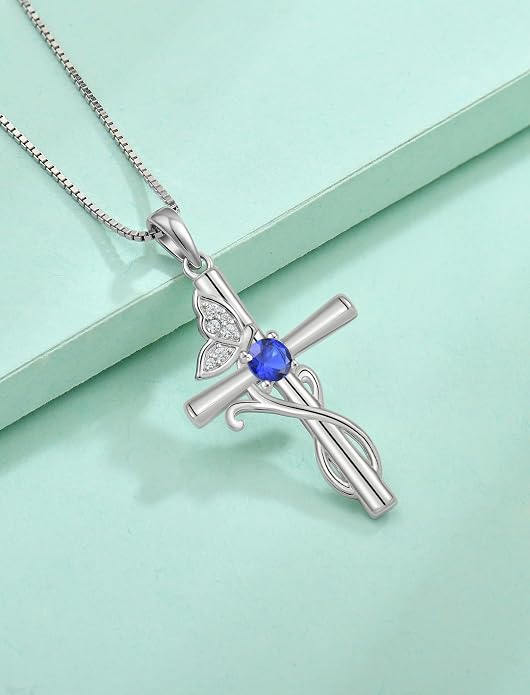 STARCHENIE Butterfly Cross Necklace 925 Sterling Silver Crucifix Pendant Birthstone Jewelry for Women