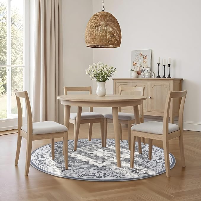 Lessymo 4FT Washable Round Area Rugs for Living Room, Non Slip Circle Rugs Low Pile Vintage Carpet for Bedroom, Dining Room, Nursery, Home Office, Grey Beige