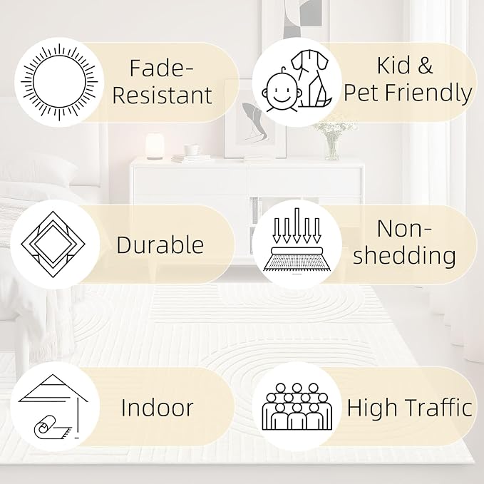 Beige Solid Area Rug 8x10 – Large Washable Soft Indoor Rugs for Living Room Bedroom, Modern Geometric Bohemian Pattern High-Low Pile Textured Carpet for House Apartment, Home Office Decor
