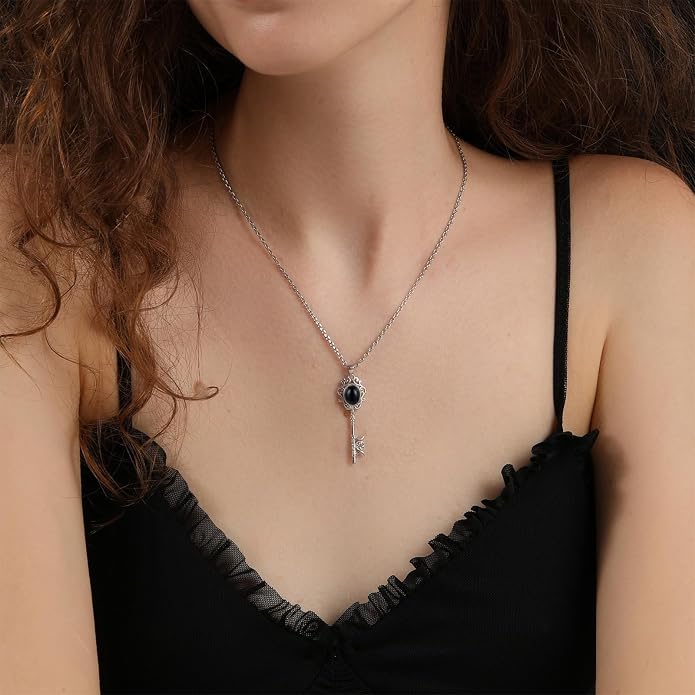 Natural Moonstone Crystal Key Necklace for Women, Retro Triple Moon Key Healing Crystal Wiccan Pagan Jewelry Gift