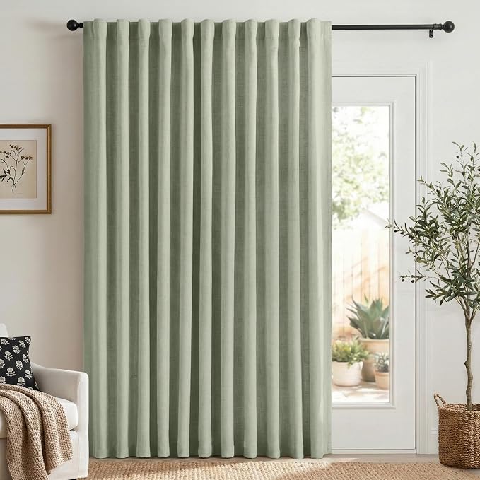 100% Blackout Shield Linen Blackout Sliding Door Curtains for Living Room, Back Tab/Rod Pocket Thermal Insulated Curtains for Sliding Glass Doors, 1 Panel Set, 100" W x 84" L, Sage Green