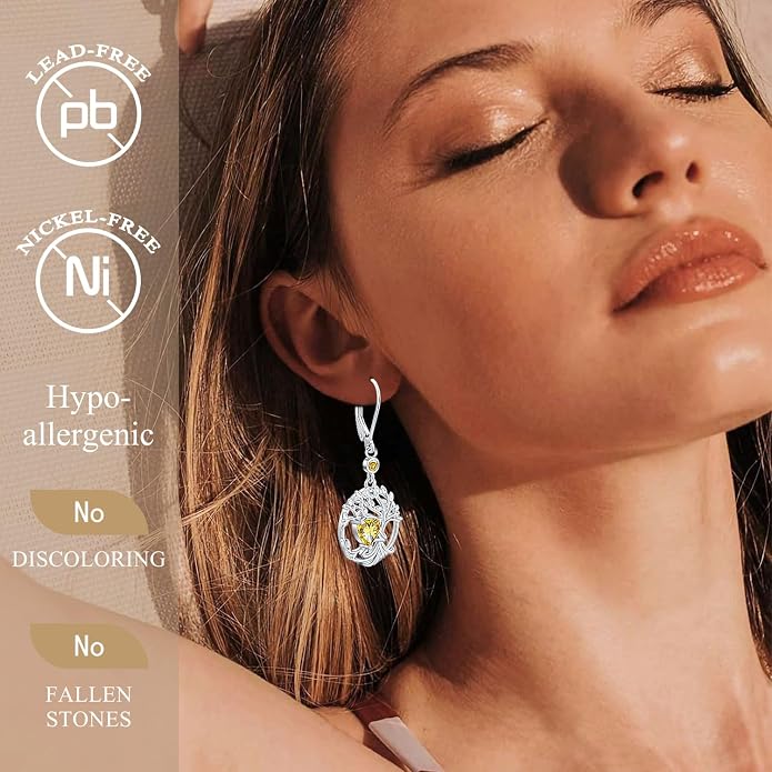 Odinstone 925 Sterling Silver Earrings Tree of Life Teardrop Moonstone Dangle Drop Leverback Earrings for Women