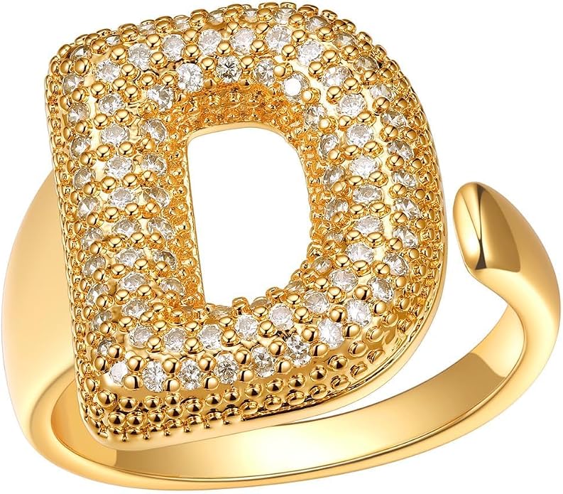 FindChic Initial Ring for Women, Gold Plated Chunky Letter Rings Open Adjustable Trendy Sparkling Cubic Zirconia Personalized Statement Rings Jewelry Gift