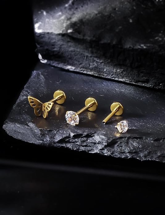 20G 18G 16G Astm F136 Titanium Internal Thread Flat Back Earrings Nose Studs Tragus Forward Helix Conch Cartilage Lobe Earring Stud Medusa Labret Monroe Lip Ring Piercing Jewelry For Women Men