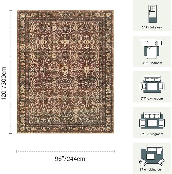 Rugxara Red 8x10 Area Rugs for Living Room Bedroom Large Washable Rug | Non Slip, Rug for Dining Room Office Kids Room, Stain Resistant, Soft, Low Pile, Vintage Boho Oriental Carpet,Home Decor