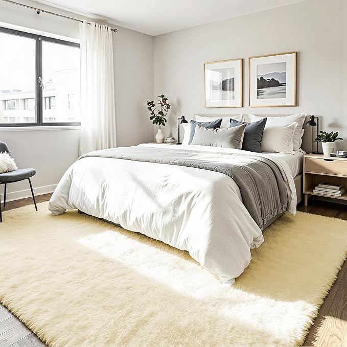 5x7 Area Rug for Living Room, Ultra Soft Fluffy Cream White Rugs for Bedroom, Non Slip Large Shag Carpet, Fuzzy Plush Nursery Rug, Thick Washable Indoor Floor Carpets for Kids Office Dorm Home Decor
