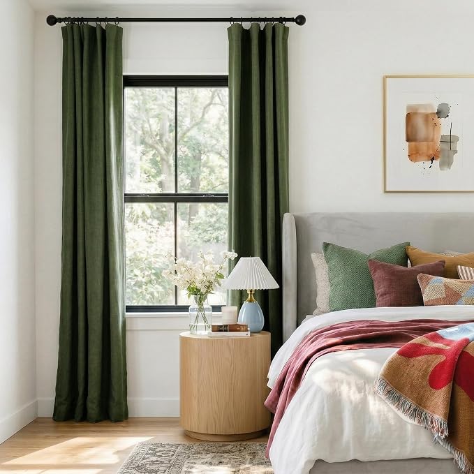 INOVADAY 100% Blackout Curtains for Bedroom, Olive Green Black Out Curtains 80 Inch Long, Clip Rings Linen Blackout Drapes, Thermal Insulated Room Darkening for Living Room, 2 Panels - W50xL80