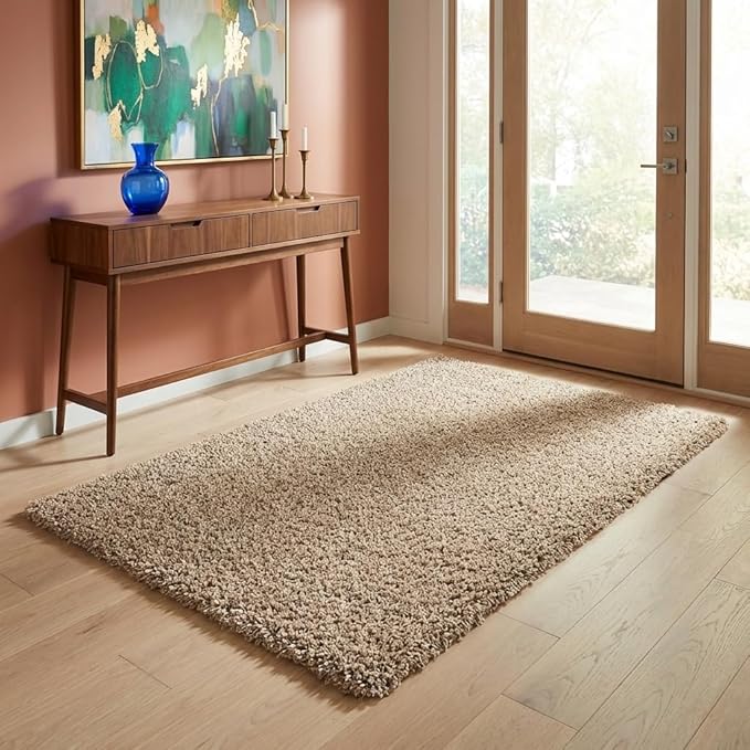Unique Loom Solid Shag Collection Area Rug (4' 1" x 6' 1" Rectangle, Taupe) | Modern solid area rug for living room, bedroom & dining room. Stain-resistant, easy-care, kid & pet friendly