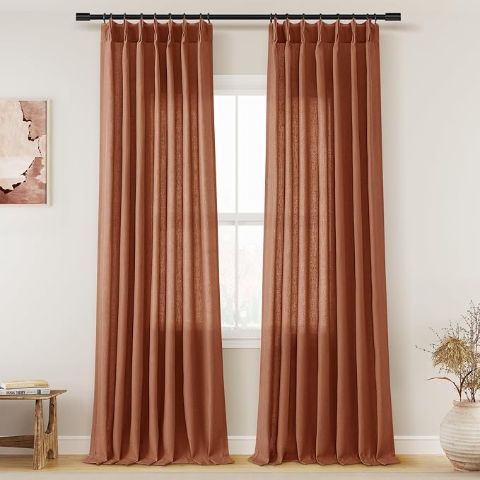 Aersas Terracotta Pinch Pleat Linen Curtains 90 Inch Length 2 Panels Set for Bedroom Dinging Room Semi Sheer Boho Farmhouse Neutral Window Curtains 90 Inches Long for Living Room Nursery 40x90