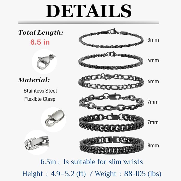 XIANNVXI 6pcs Bracelets for Men Gifts for Him Stainless Steel Bracelet Silver/Gold/Black Cuban Link Rope Paperclip Chain Bracelets Set 6.5/7/7.5/8.3/9 Inches Metal Bracelet Mens Fashion Accessories Jewelry Gifts Set