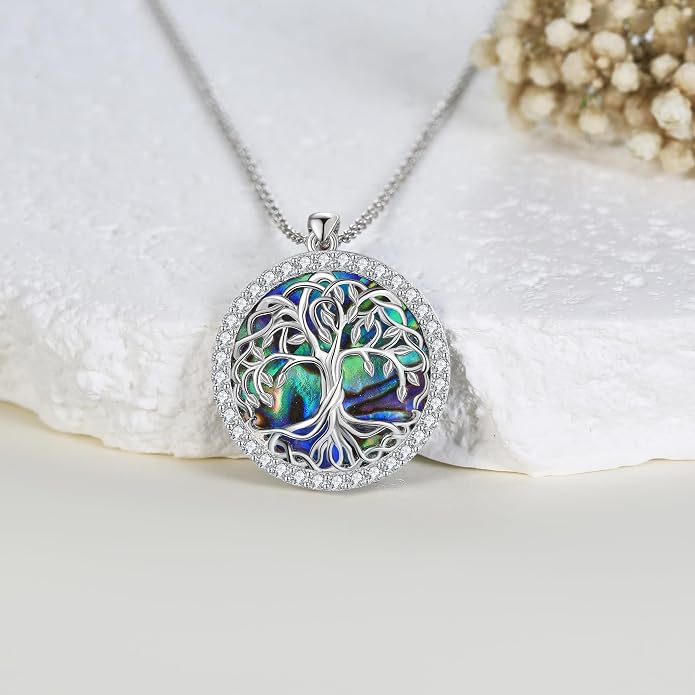POPLYKE Tree of Life Necklace for Women Sterling Silver Celtic Knot Family Tree With Blue/Purple/Volcano Crystal Irish Gifts for Mom Wife Birthday Christmas
