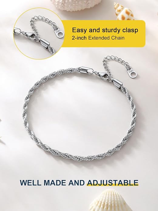 ChainsPro Resizable Anklet Chain for Women Men, Figaro/Wheat/Twist Rope/Cuban Foot Bracelet-Strong with Good Clasp-18K Gold Plated(Send Gift Box)