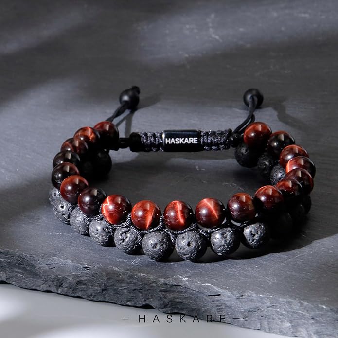 HASKARE Energy Beads Tiger Eye Bracelet for Men, Red Tiger Eye Beads Lava Stone Bracelets, Handmade Protection Crystal Bracelet Mens Jewelry Bracelets Father Christmas Gift for Stress Relief 8mm