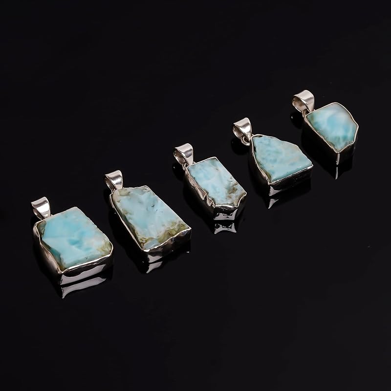 Natural Real Raw Larimar Crystals Bezel Pendant Necklace, Birthstone, Healing Rough Gemstone, 925 Sterling Silver Jewelry 18 inch