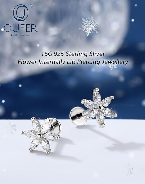 OUFER 16G Flower CZ Internally Threaded Flat Back Helix Stud 925 Sterling Silver 6/8mm Cartilage Tragus Nose Conch Daith Labret Medusa Piercing Jewelry