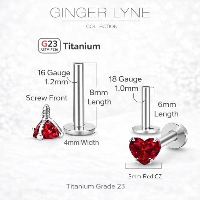Titanium Heart CZ Labret Stud Earrings for Piercings by Ginger Lyne 6Pc Set G23 Screw Front Flat Back Body Jewelry 2 pair post 6mm, 8mm Cartilage, Helix, Tragus, Lip, Conch, Lobe