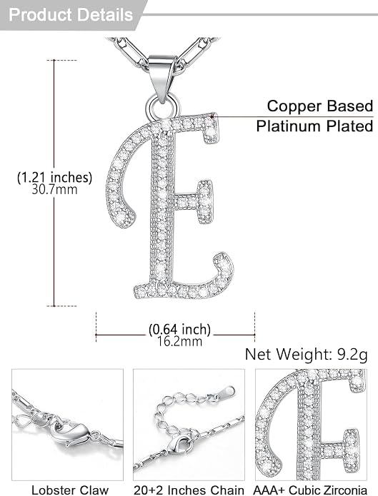 U7 Initial Necklace for Women, Gold/Platinum Plated CZ Crystal Letter A-Z Pendant Necklace, Shiny 20 Inch Name Chain Dainty Personalized Jewelry for Men Mom Wife Friend