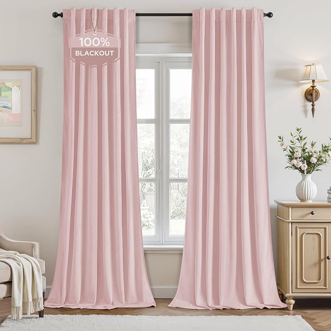 HOMEIDEAS 100% Blackout Pink Velvet Curtains, Thermal Noise Reduction Luxury Velvet Curtains for Bedroom Preppy Room Decor, Living Room, 52 X 96 Inch, 2 Panels
