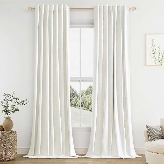 Guken Ivory 100% Blackout Linen Curtains 105 Inch Length 2 Panels Set for Living Room Bedroom Back Tab/Rod Pocket Thermal Insulated Black Out Drapes Room Darkening Farmhouse Window Curtains
