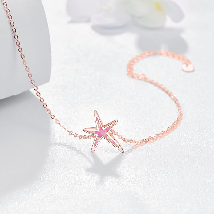 Cuoka Starfish Bracelet 925 Sterling Silver with White Fire Opal Chain Bracelets Ocean Jewelry Birthday For Women