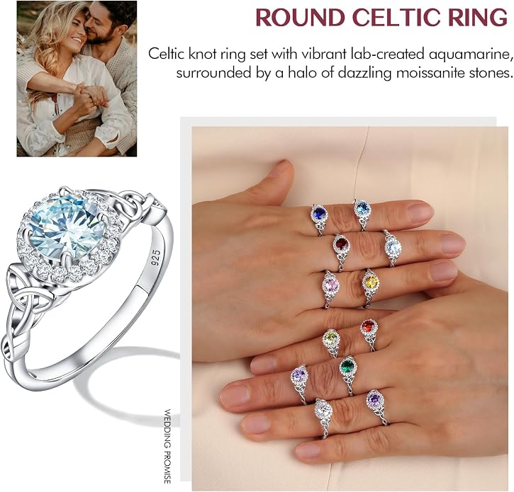 DAYBYDAY Celtic Birthstone Rings for Women 925 Sterling Silver Heart/Round/Pear/Oval Created Gemstone Moissanite Halo Engagement Promise Rings for Her Wife Birthday Anniversary Wedding Jewelry