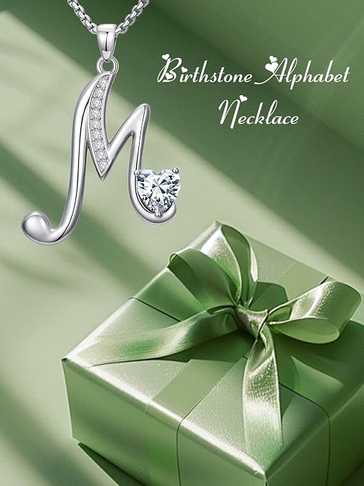 Birthday Gifts for Women Alphabet A to Z Initial Birthstone Pendant Necklaces for Women - 18k White Gold Plated Personalized Name Jewelry Anniversary Graduation Gifts for Wife Her Daughter Girlfriend(with Gift Box)