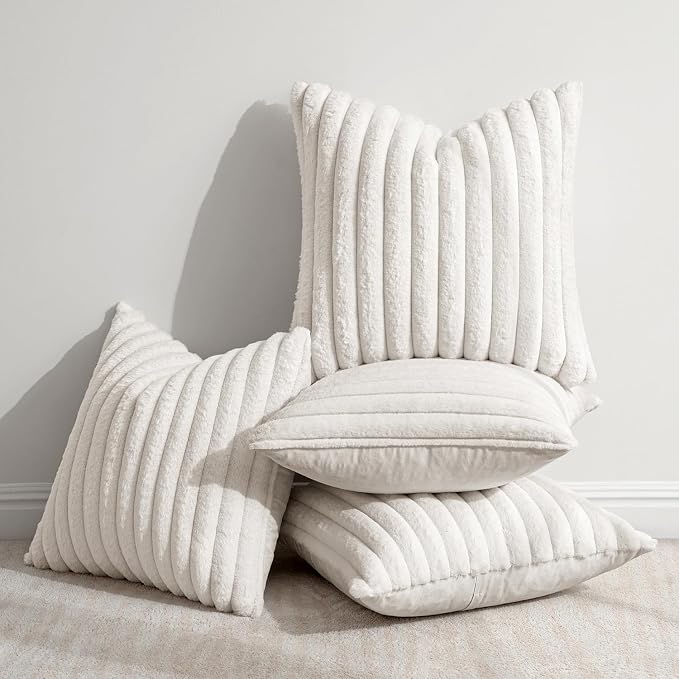MIULEE Faux Fur Plush Decorative Throw Pillow Covers 20x20 Set of 4, Modern Soft Fuzzy Striped Cushion Covers for Spring Sofa Couch Bed Living Room Cozy Home Decor,Pure White