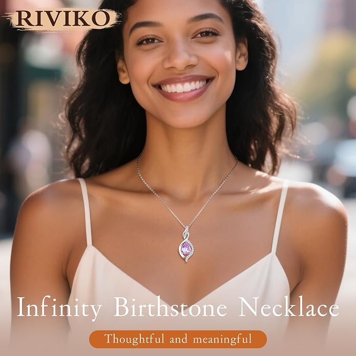 RIVIKO Valentines Day Gifts for Her-Infinity Birthstone Necklace for Women,925 Sterling Silver Teardrop Necklace, Womens Jewelry Birthday Gifts for Women Friend Her Mom Wife Lady