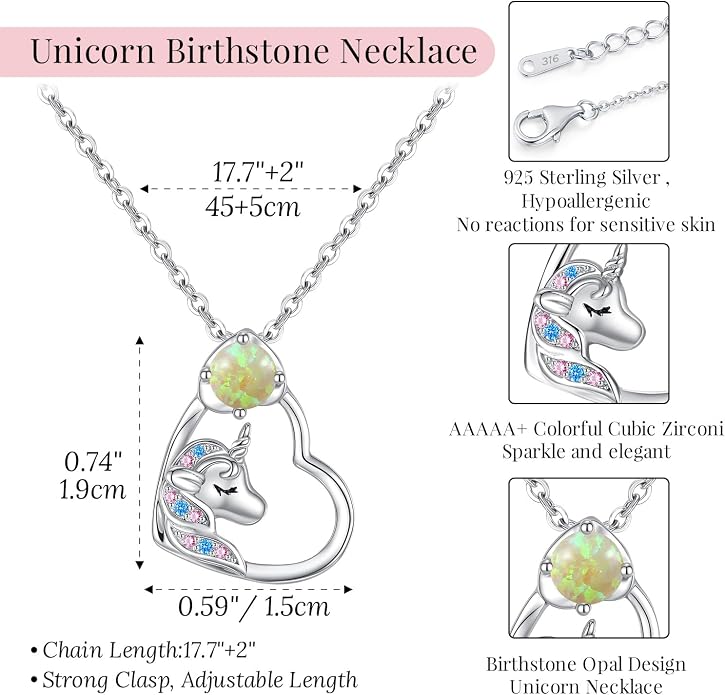 CDE Christmas Gift for women Cute Unicorn Birthstone Necklace for Girls Daughter 925 Sterling Silver Opal Heart Pendant Graduation Birthday Christmas Jewelry Gift for Teenage Girls Niece