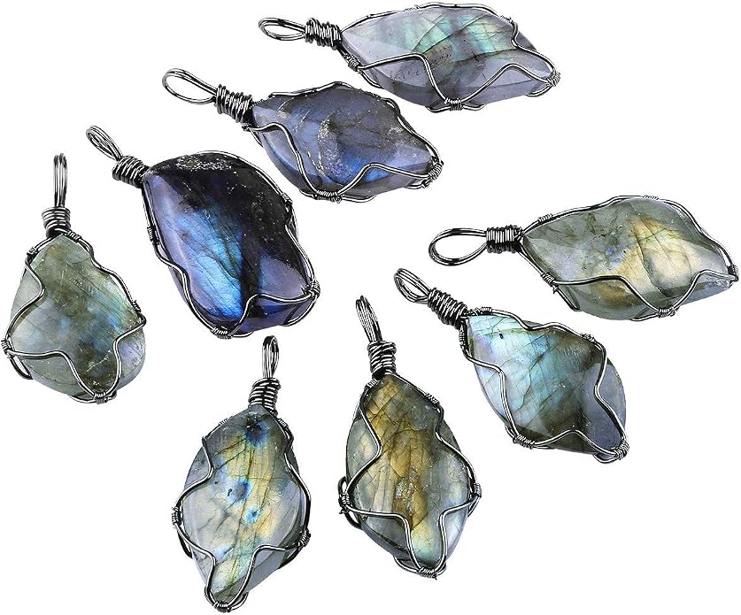 TUMBEELLUWA Labradorite Necklace Irregular Shape Wire Wrapped Quartz Crystal Pendant with Chain Healing Stone Jewelry