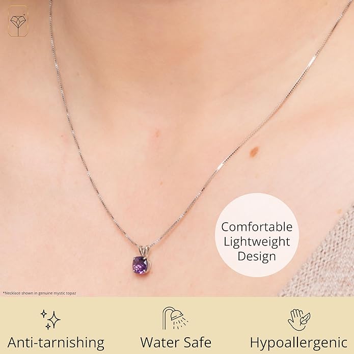 MAX + STONE Cushion Cut Gemstone Necklace | 8mm Solitaire Birthstone Necklace for Women | Gemstone Pendant Necklaces with 18 inch Box Chain