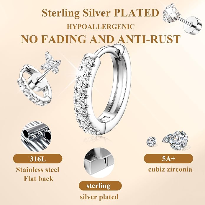 Hypoallergenic 14K Gold Stud Earrings Set for Women Surgical Stainless Steel Flat back Earrings Small Gold Huggie Hoop Earring for Sensitive Ears Screw Back Cartilage Piercing Jewelry