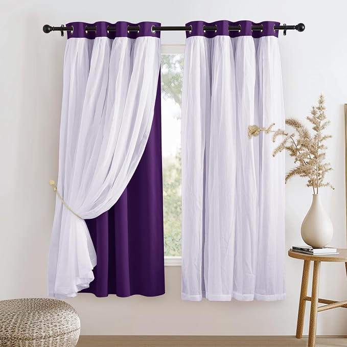 PONY DANCE Bedroom Curtains Purple - Mix & Match Room Darkening Curtains with White Crushed Sheer Voile, 52" Wide and 63" Long, Royal Purple, 2 Panels