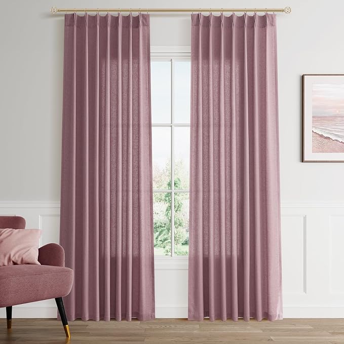 Aersas Ash Rose Pinch Pleated Linen Curtains 84 Inch Length 2 Panels for Living Room Bedroom Semi Sheer Window Curtain Boho Neutral Back Tab Pinch Pleat Drape with Hooks 40x84