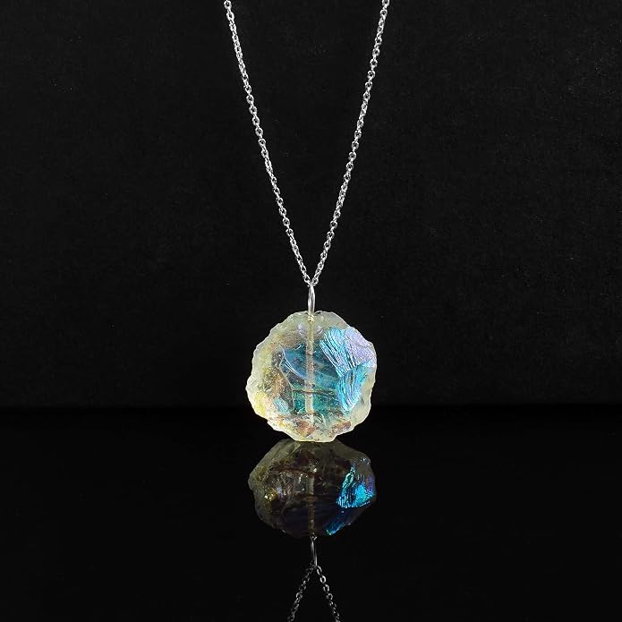Natural Angel Aura Quartz Crystals Pendant Necklace, Cabochon Gemstone, Energy Healing Crystals, Birthday, Gift for Her, Gemstone Jewelry 18 inch AAA+ Quality
