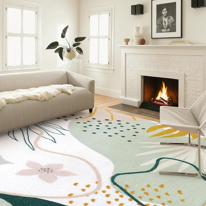 Lahome Green 10x14 Rug for Living Room, Large Washable Area Rug Non-Slip Ultra-Thin Stain Resistant Rug for Dining Room Table, Soft Botanical Print Indoor Rug for Bedroom Office (Green, 10'x14')