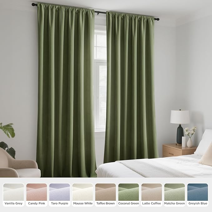 Joydeco Blackout Velvet Curtains Coconut Green 72 Inch Rod Pocket | Luxury Thermal Insulated Velvet Curtains for Bedroom Living Room, Soundproof Blackout Window Drapes
