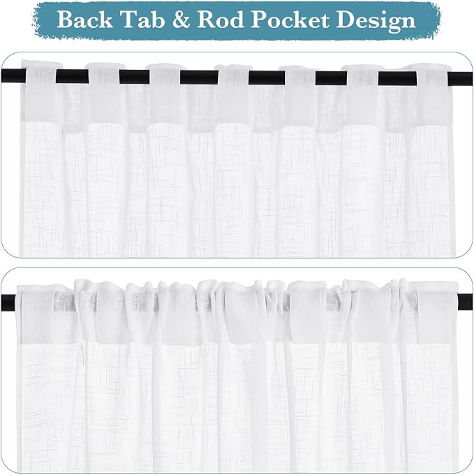 RYB HOME Semi Sheer Curtains 102 inches Long, Back Tab Light Filtering Half Privacy Window Curtains & Drapes for Bedroom Living Room, White, W 52 x L 102 inches, 2 Panels Set