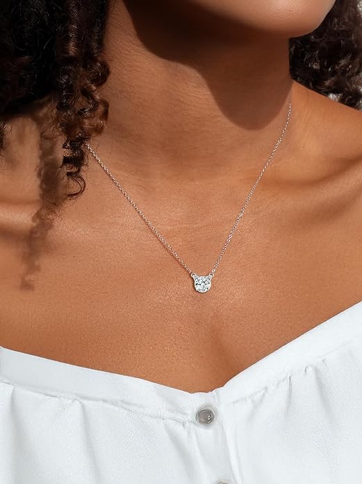 ChicSilver Bow and Cat Birthstone Necklace, 925 Sterling Silver Pendant Necklaces for Women, Hypoallergenic Silver Choker with 16 inch Rolo Chain, 12 Months Jewelry for Valentines Mothers Day Christmas