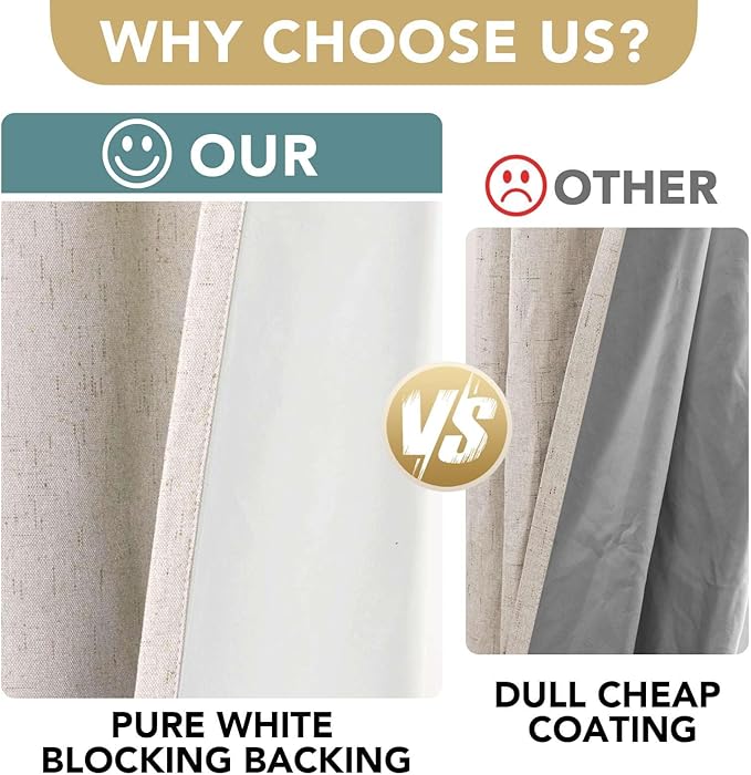 H.VERSAILTEX Linen 100% Blackout Curtains for Bedroom Light Blocking Curtains, Textured Curtains for Living Room 84 inch Grommet, White Liner Energy Efficient GRS Certified (2 Panels, Natural)