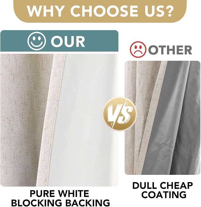 H.VERSAILTEX Linen Blackout Curtains 45 Inches Long 100% Blackout Thermal Insulated Textured Linen Look Curtain Draperies Anti-Rust Grommet, Energy Saving with White Liner, 2 Panels, Natural
