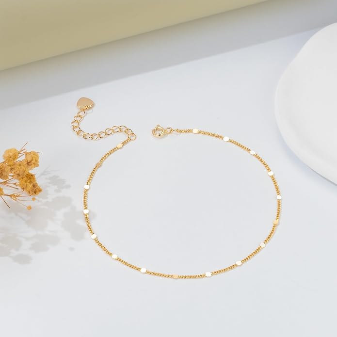 14K Gold Anklets for Women Gold Ankle Bracelets for Women Cuban Chain with Spaced Tiny Disc 11(9+2) Inches
