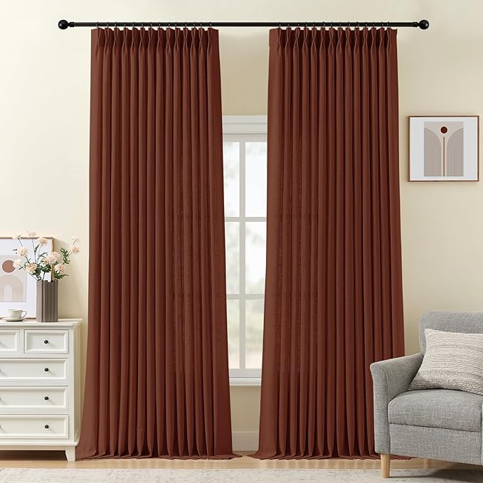 IVAPUPU Pinch Pleated Linen Curtains 96 Inches Long for Living Room, Semi Sheer Light Filtering Memory Trained Pleated Curtain Back Tab Drapes for Farmhouse with Hooks Rings, Chestnut Brown, 2 Panels