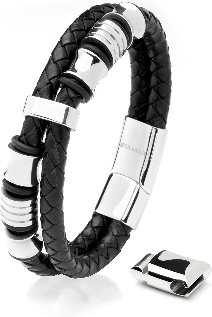 SERASAR Premium Leather Bracelet Men | Stainless Steel Magnetic Clasp | Three Colors | Jewelry Box Included