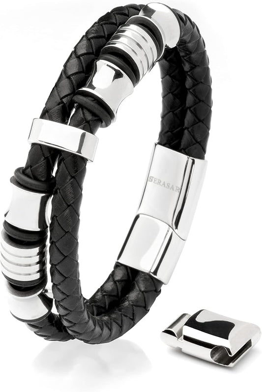 SERASAR Premium Leather Bracelet Men | Stainless Steel Magnetic Clasp | Three Colors | Jewelry Box Included