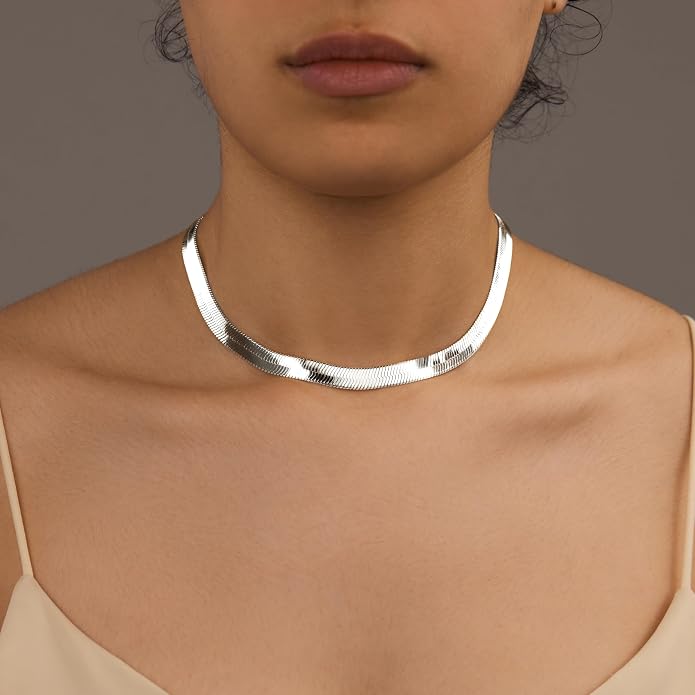 WomenGifts 14K Gold Silver Plated Herringbone Necklace for Women, Dainty Snake Chain Choker, Trendy Simple Long Layered Jewelry Non Tarnish, 3/4/5/8mm,14,16,18,20,22,24,26 Inch Thin & Chunky Options